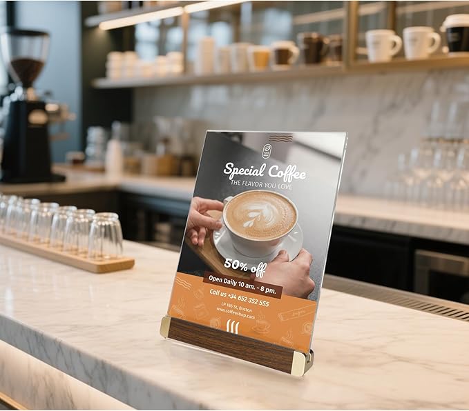 8.5 x 11 Menu Holder, Acrylic Table Menu Stand, Classic Wooden Sign Holder, Double Sided Display Table Top Paper Holder, for Bar, Cafe, Restaurant, Store, Certificate, Document (Vertical, 6pack)