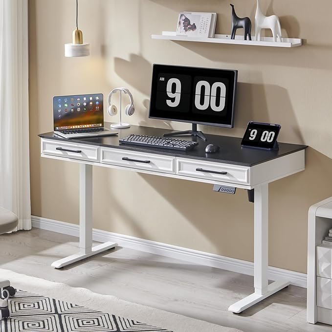 wow97e Electric Standing Desk with 3 Storage Drawers, 55x22 Inch Adjustable Height Office Computer Desk w/Power Outlets & One-Piece Desktop, Sit to Stand Up,Gaming Table for Home and Study, White