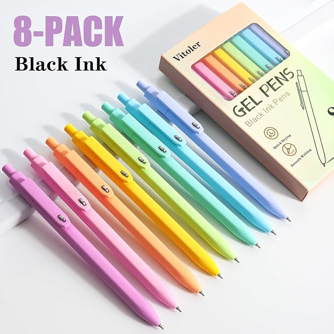 Piochoo Gel Pens, 8pcs Black Ink Pens Ballpoint Smooth Writing,0.5mm Cute Pens for Journaling Writing, Cute Office School Supplies Christmas Stocking Stuffers Gifts for Women Nurses