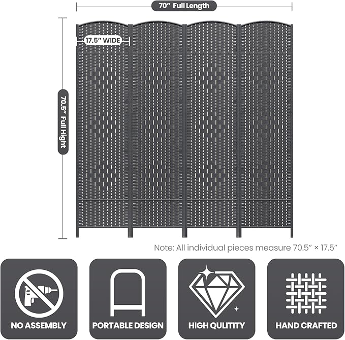 Cocosica 4 Panel Room Divider,6Ft Folding Privacy Screen,Tall - Extra Wide Foldable Panel Partition Wall Divider with Diamond Double-Weaved Hand-Woven Design Room Screen Divider