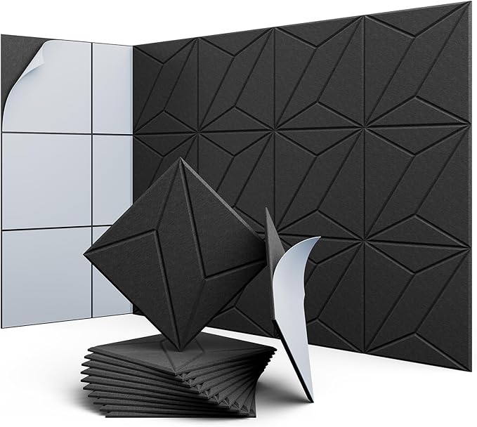 UNECHO 12 Pack 12" X 12" X 0.4" Acoustic Panels for Wall Sound Absorbing, P-Stripes Square Self-Adhesive Sound Panels, High Density Suitable for Multiple Scenarios(Black)