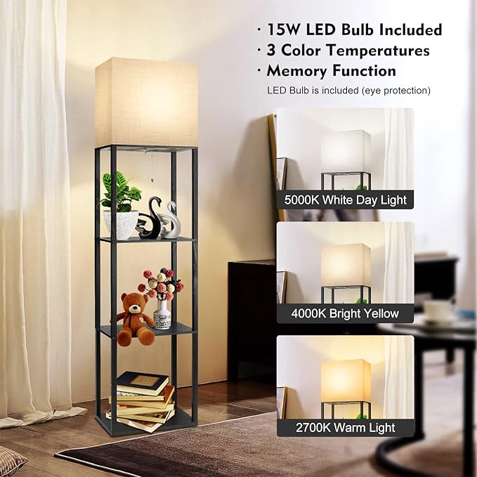 RUNTOP Plus Floor Lamp with Shelves, Shelf Lamp with 15W LED Bulb, 3 Colors, Memory Function, Wide Display Shelf for Collectibles Storge, Floor Lamps for Living Room, Standing Lamp for Bedroom