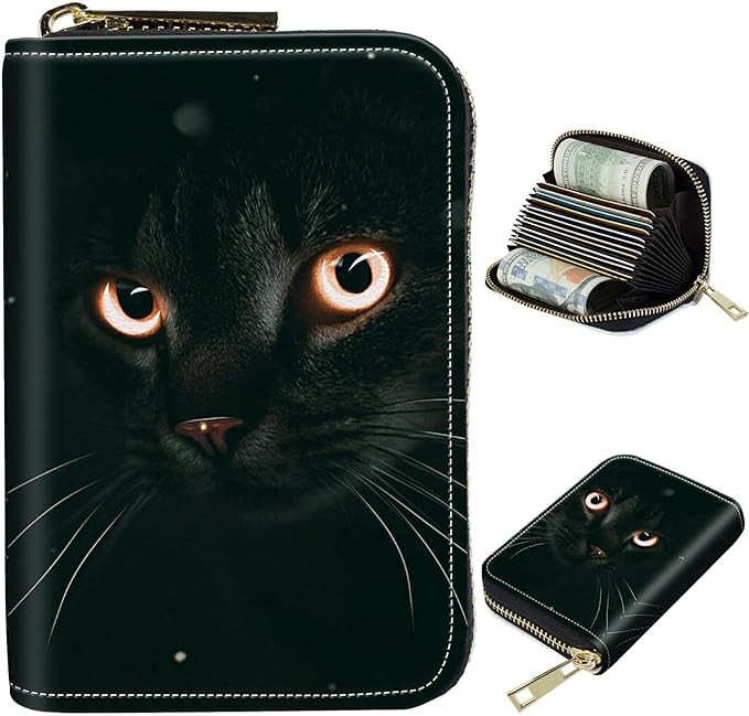 BWEGRHE Cute Credit Card Holder with Zipper, Black Cat Glitter RFID-Blocking Card Case Small Wallet for Women Men, Multi-slot Card Organizer Case Travel Accordion Wallet