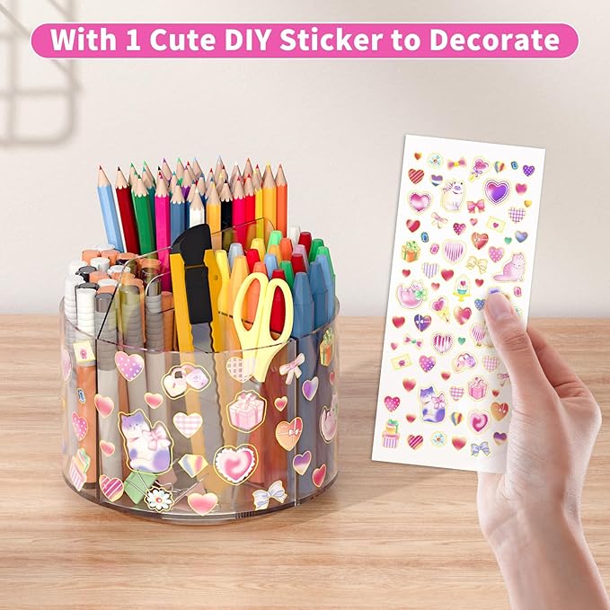 Wawocs Acrylic Pencil Organizer for Desk 4 Compartments with Adhesive DIY Sticker, Rotating Art Supply Organizer with Kawaii Sticker Kids, Spinning Round Marker Small Supply Caddy