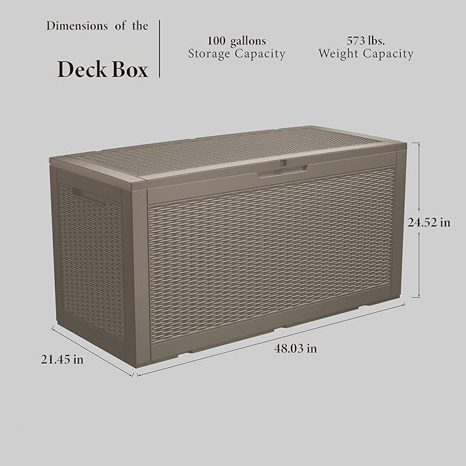Decksplore 100 Gallon Lockable Resin Deck Box, Waterproof Outdoor Storage Box for Patio Furniture, Garden Tools, Pool Accessories, UV-Resistant Outside Delivery Grey