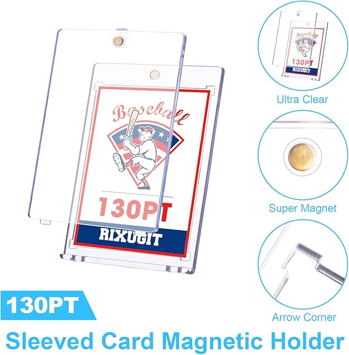 25-Pack Sleeved Magnetic Card Holders -130pt One Touch Card Holder, with 2.63"x3.7" Larger Inner Dimension, First Insert Card into Soft Card Sleeve, Then Place into Card Holder for Double Protection