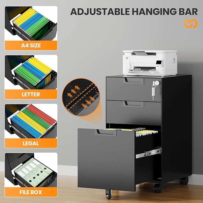 AFAIF 3 Drawer File Cabinet with Lock, Fully Assembled Metal Mobile Filing Cabinets for Home Office, Small Rolling File Caninet on Wheels for Legal/Letter / A4 File, Black