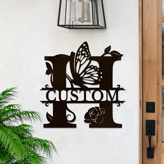 Personalized Custom Letter Name metal Signs,Custom Black Letter Monogram Wall Art Decor,Metal Signs Plaques Outdoor wall Decorative Signage (H)