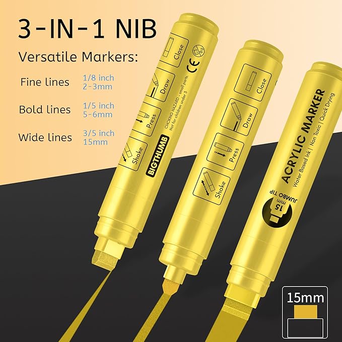 BIGTHUMB Jumbo Graffiti Poster Markers Set: 12 Metallic Colors Large 15mm Wide Tip Permanent Ink Thick Acrylic Paint Pens for Rock Painting, Stone, Glass, Wood, Ceramic, Metal, Plastic, Fabric
