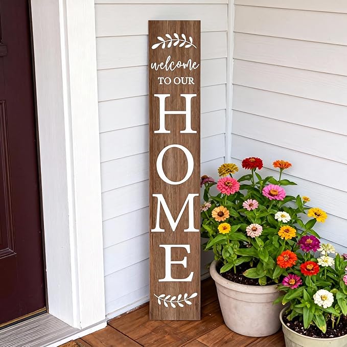 Welcome Sign for Front Porch, 47" Large Wooden Welcome to Our Home Sign Door Hanging Standing Plaque, Farmhouse Vertical Outdoor Porch Decorations for Yard Patio Entrance (Natural)