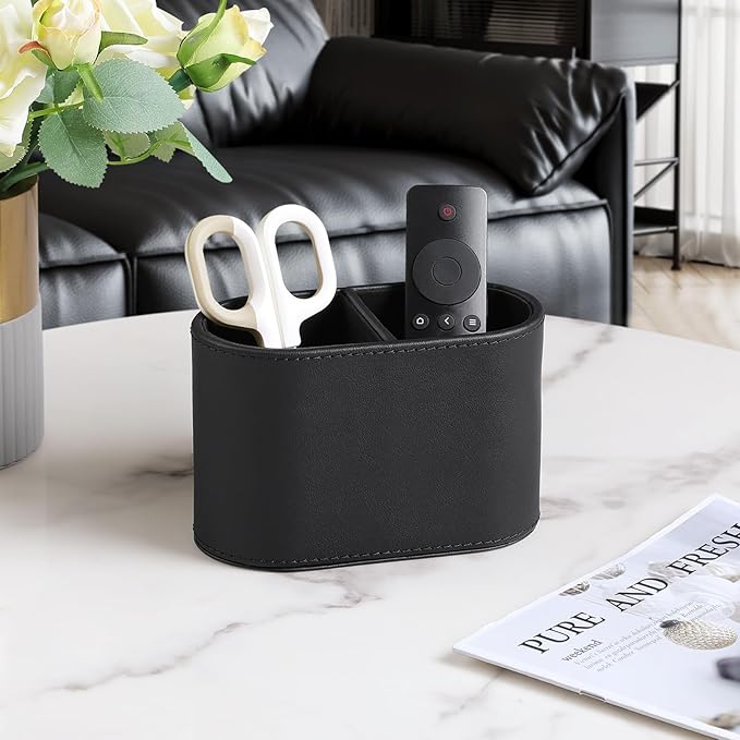 MEIBOOCH PU Leather Pen Holder for Desk, Small Remote Control Holder Pencil Cup Multifunctional Desktop Organizer Caddy for Home School Office Desk Accessories - 2 Compartments (Black)