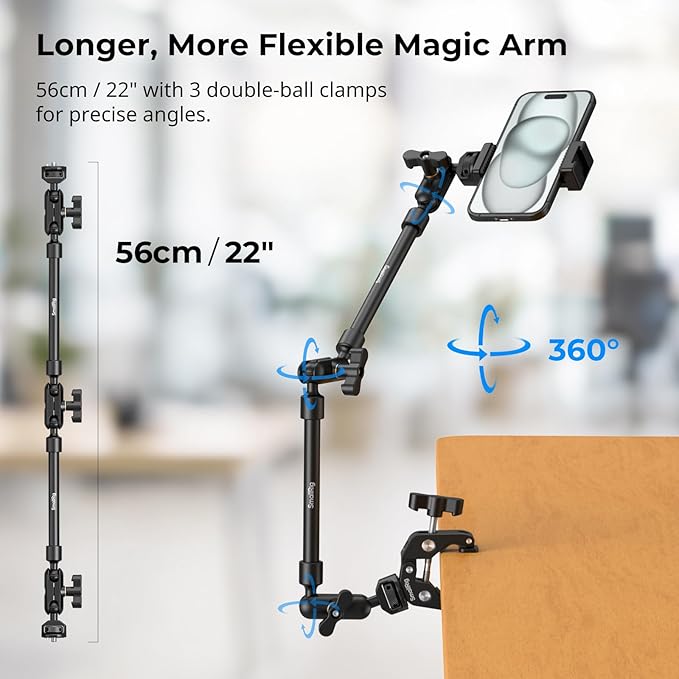 SMALLRIG 22" Magic Arm Clamp, Overhead Phone Mount Holder Stand, Flexible Desk Camera Mount, Articulating Friction Boom Arm, for POV Shot, Filming, Light, Webcam, Action Camera