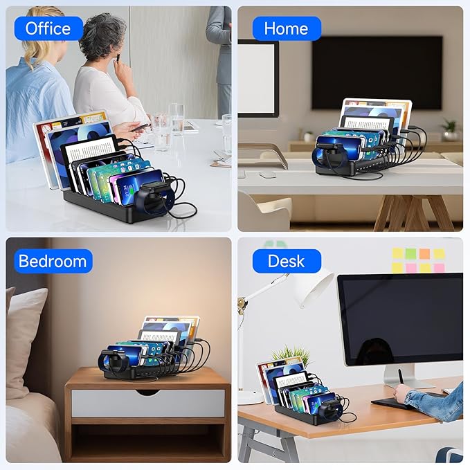 285W Charging Station for Multiple Devices, 10 Ports Fast Multi-Device Charger Organizer Compatible with MacBook Pro Laptop, iPhone, Android, Ipad, Tablet, Kindle, Multi-Device Charging Dock（Black）