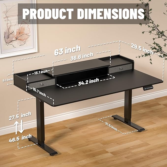 ExaDesk 63 x 30 Inch Electric Standing Desk with 2 Drawers, Adjustable Height Widened Stand Up Desk with Storage, Sit to Stand Ergonomic Workstation for Home Office, Classic Black