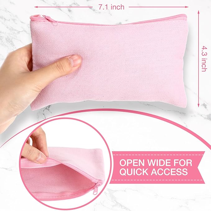 Reginary 80 Pack Canvas Zipper Makeup Bags Bulk Pencil Pouches Blank DIY Craft Canvas Cosmetic Bag Pouch with Zipper for Makeup Cosmetic Toiletry Stationary Storage(All Pink)
