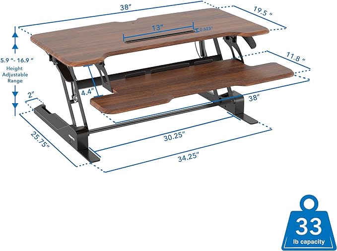 Mount-It! 38 Inch Standing Desk Converter, Sit Stand Desk Riser for Dual Monitors with Keyboard Tray, Height Adjustable Desktop Workstation, Easy Lift Gas Spring, Rustic Walnut Brown