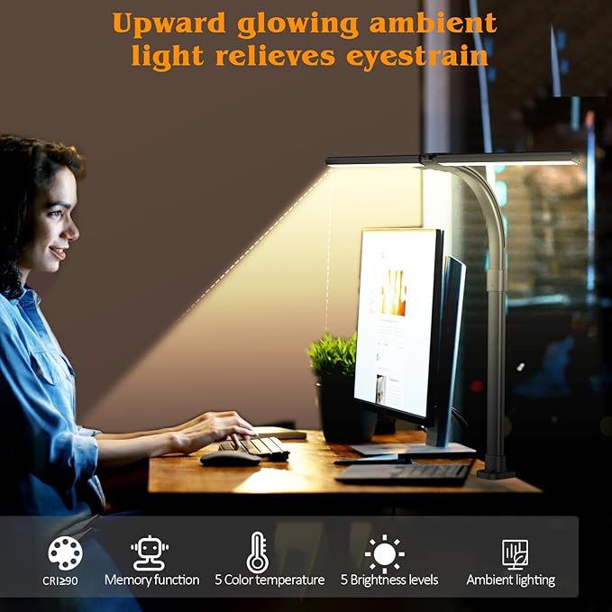 AKRRYR Led Desk Lamp for Home Office,24W Bright Eye-Caring Desk Light with Clamp,5 brightness and 5 temperatures Dimmable Workbench Task Light, Adjustable Gooseneck Table Lamp for Monitor Study(black)