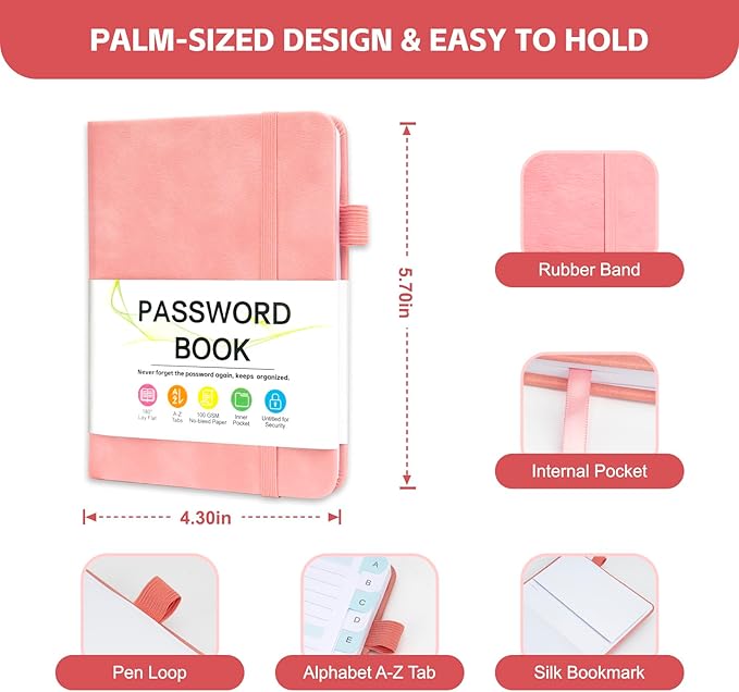 Password Keeper Book with Alphabetical Tabs，4.3"x5.7" Small Password Books for Seniors Password Notebook for Internet Website Address Log in Detail (Pink)