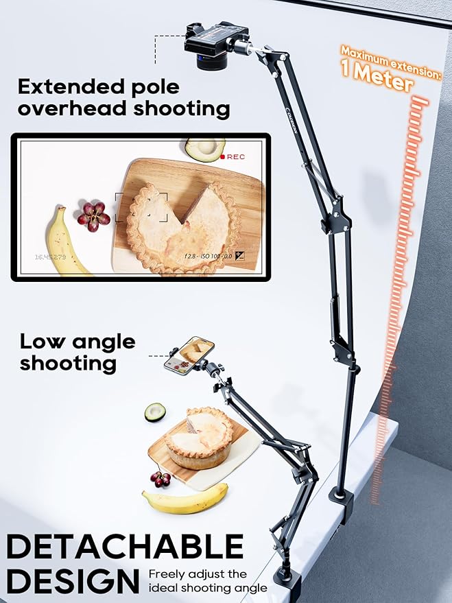 CACENCAN Overhead Camera Mount, 5lb Horizontal Load-Bearing, 360° Adjustable Stand for Desk, Flexible with Phone Clamp, Tabletop Mount for DSLR Camera/Webcam/Microphone