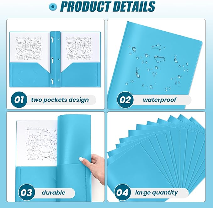 Lincia 100 Pcs Plastic Folders with Pockets and Prong Folders with Prongs 2 Pockets for Office, School for Students, Teachers, Office Workers(Light Blue)