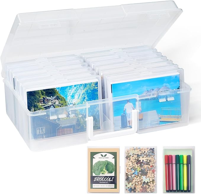 Lifewit 4x6 Photo Storage Box, 14 pcs Inner Photo Case with Lids, Clear Photo Organizers with 1 Sheet Label Sticker, Plastic Craft Storage Box for Seeds Sticker Cards Pictures Stamps Office Supplies