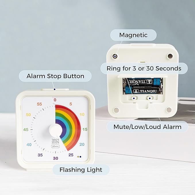 TWENTY5 SEVEN Countdown Timer, 60 Minute 1 Hour Silent Visual Timer, Magnetic Classroom Teaching Tool Office Meeting, Countdown Clock for Kids Time Management, Rainbow