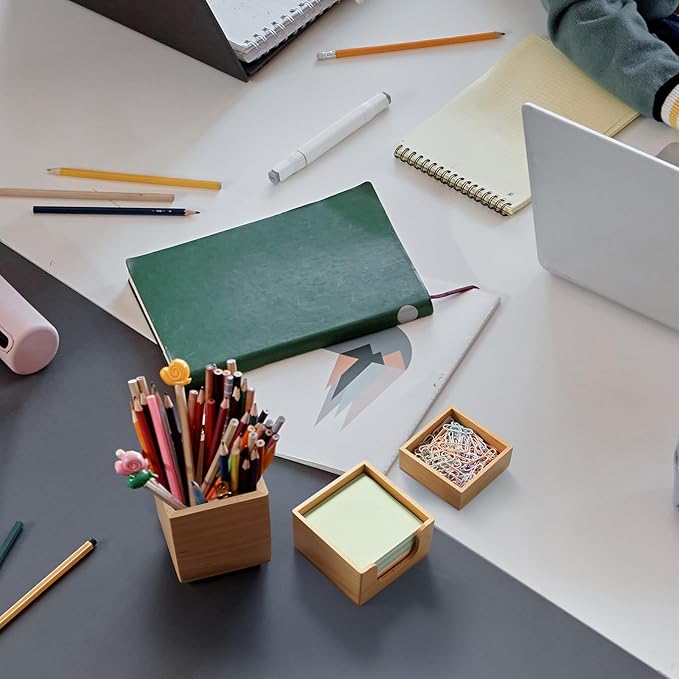 CMLKLZD Desk Organizer Set of 3 - Wood Office Desk Accessories - Desk Organizers and Accessories for Women Men - Set incl. Pencil Pen Holder, Paperclip Storage and Sticky Note Holder