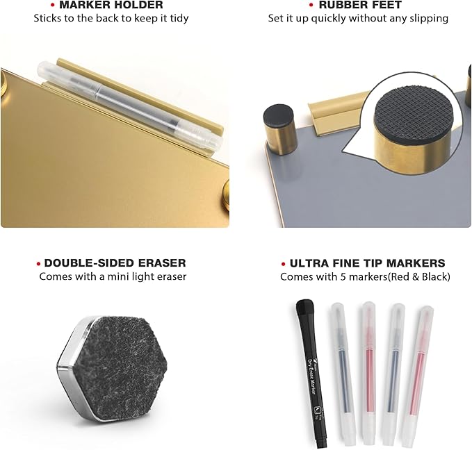 Gold Metallic Glossy Mirror Small White Board with Nail Support, Mini Desktop Glass Whiteboard, Desk White Board Dry Erase with Accessories, Stenography Artifact for Office Homeschooling Décor, 8x6''