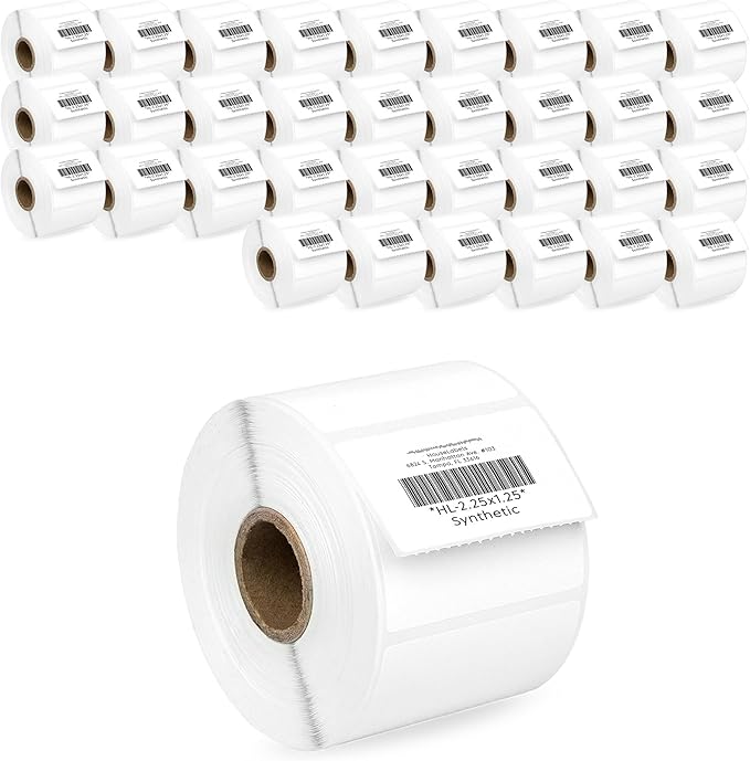 HOUSELABELS 2.25" x 1.25" Address Labels on 1" Core in Polypropylene Compatible with Zebra and Rollo Printers, 34 Rolls / 1,000 Labels per Roll