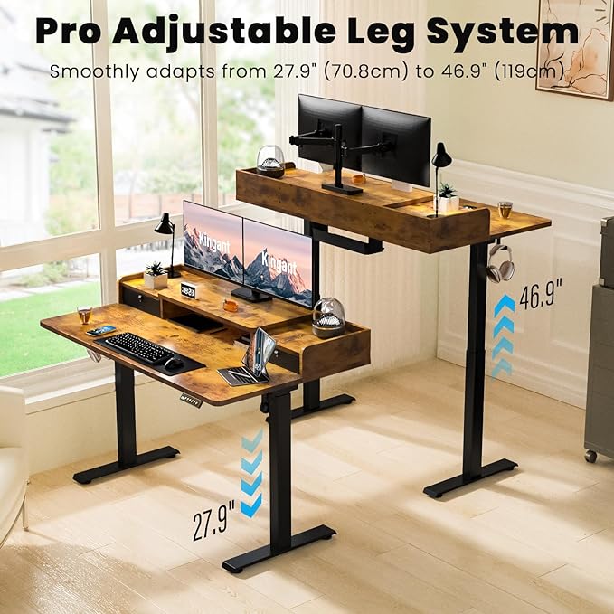 Kingant 55 x 30 Inch Electric Standing Desk with Dual Drawers, Adjustable Height Computer Desk for Home Office, Large Workstation Sit Stand Up Desk with Built-in Storage Shelf, Rustic Brown