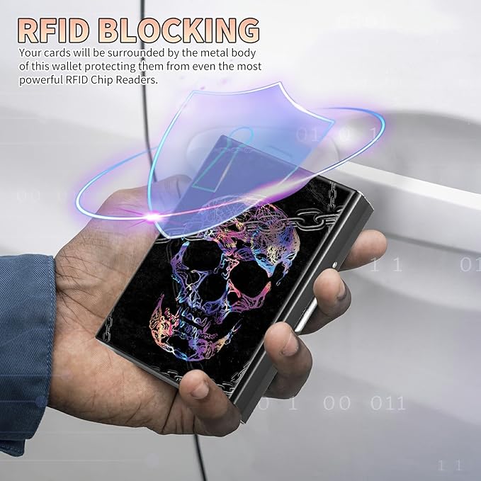 BWEGRHE Slim Credit Card Holder, Shackle Skull RFID Blocking Metal Wallet for Men & Women, Aluminum Minimalist Hard Case Pocket-Sized Business Cards Organizer (Fits Up to 10 Cards)