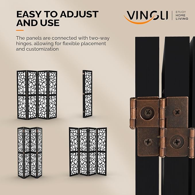 VINGLI 70'' H Room Divider, Non-Woven Fabric Privacy Screen, Indoor Partition Wall Dividers, Freestanding Hinged Space Separator with Modern Unique Pattern (Black, 4 Panel)