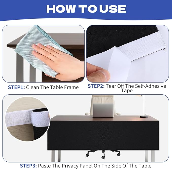 Under Desk Privacy Panel 62 x 15 Inch Self-Adhesive Modesty Panel Table Skirts Privacy Divider for Office Desk Home Studio or Standing Workstation, Easy to Assemble, Black