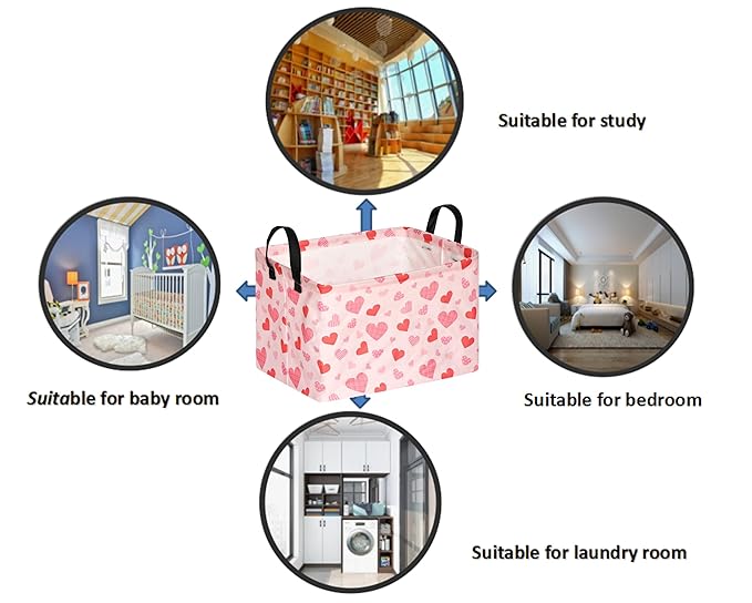 FUULOXE Rectangular Valentines Basket Storage Bin for Shelves Girls Gifts Baskets Foldable Box with Handles for Home Office Car Dormroom Valentine's Day Party Supplies