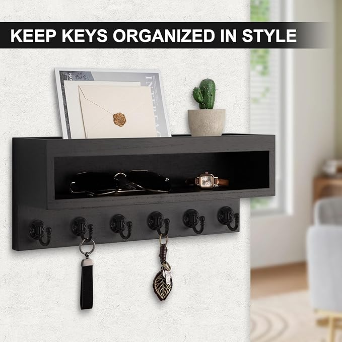 Lucundm Key and Mail Holder Wall Mount, Key Hanger with Long Storage Box and 6 Hooks for Coat, Dog Leash, Home Decor Rack, House Accessories, Entry Way Organizer (Black)