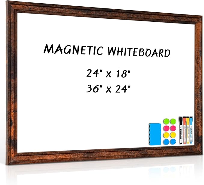Large White Board for Wall, 36'' x 24'' Magnetic Dry Erase Board, Decorative Whiteboard, Brown Vintage Wooden Frame