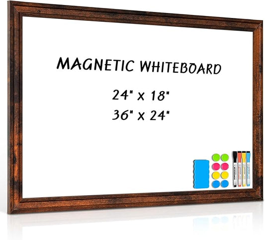 Large White Board for Wall, 36'' x 24'' Magnetic Dry Erase Board, Decorative Whiteboard, Brown Vintage Wooden Frame