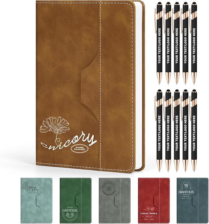 ENOMY Personalized Notebook Set with 10 PC Pens Lined A5 Custom Journal for Writing Men Women Custom Notebook Ideal Friend Girlfriend Gift, Brown