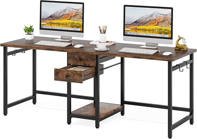 Tribesigns Two Person Desk, 79 Inch Double Desk with 2 Drawers, Large Computer Desk Long Desks with Storage Shelves, Writing Table Study Desk for Home Office, Rustic Brown (NY001)