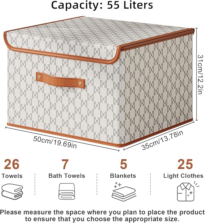 Tuza 4 Pack Fabric Storage Bins with Lids, Collapsible Closet Organizer Container, Decorative Storage Boxes with Lids for Organizing Clothes, Blanket, Grey & White, Extra Large