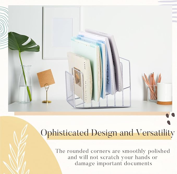 2 Pcs 7 Section Incline File Sorter Metal Wire Mesh File Rack for Desktop Letter Sorter for Magazine Folder Book Organizer Home Office School Paper Mail Desk Storage Holder (Silver)