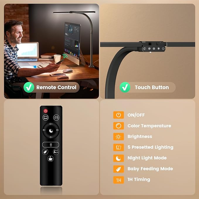SIBRILLE LED Desk Lamp for Home Office - Remote Control Desk Light Computer Lamp with clamp, 22W, Dimmable, Color Changing, Touch Control, Height Adjustable, Black Table Task Light Bar for Work