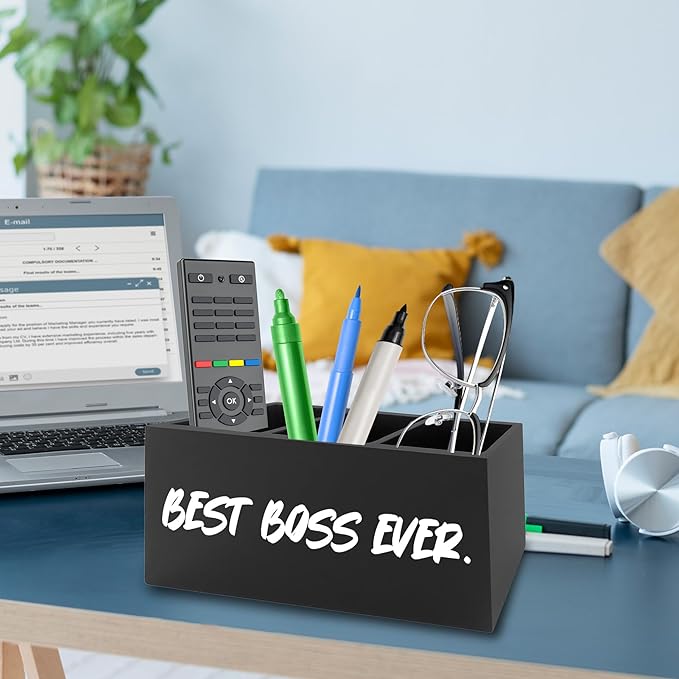 QZQE Boss Gifts Pen Pencil Holder Organizer for Desk, Bosses Leader Appreciation Gifts, Best Boss Ever Wooden Box Signs Decorations for Home Workplace Office Desk Tabletop