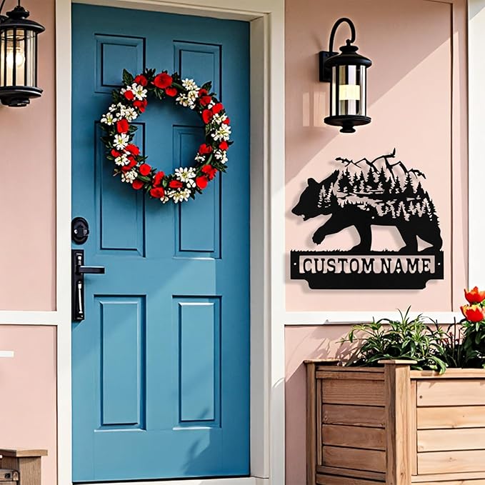 Custom Bear Metal Sign, Custom Bear Metal Wall Art Decor, Personalized Last Name Signs for Home, Rustic Farmhouse Black Wall Decor for Cabin, Bedroom, Living Room, Porch