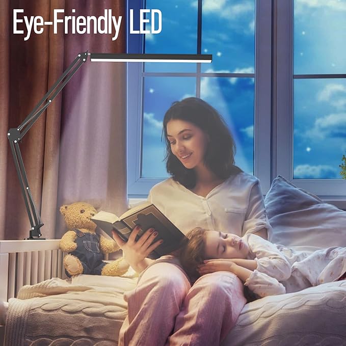 BZBRLZ LED Desk Lamp, Manicure Table Lamp, Eye-Caring Drafting Light, Dimmable Office Table Lamp with 3 Color Modes, 10 Brightness Levels & Adapter, Memory Function(Black)