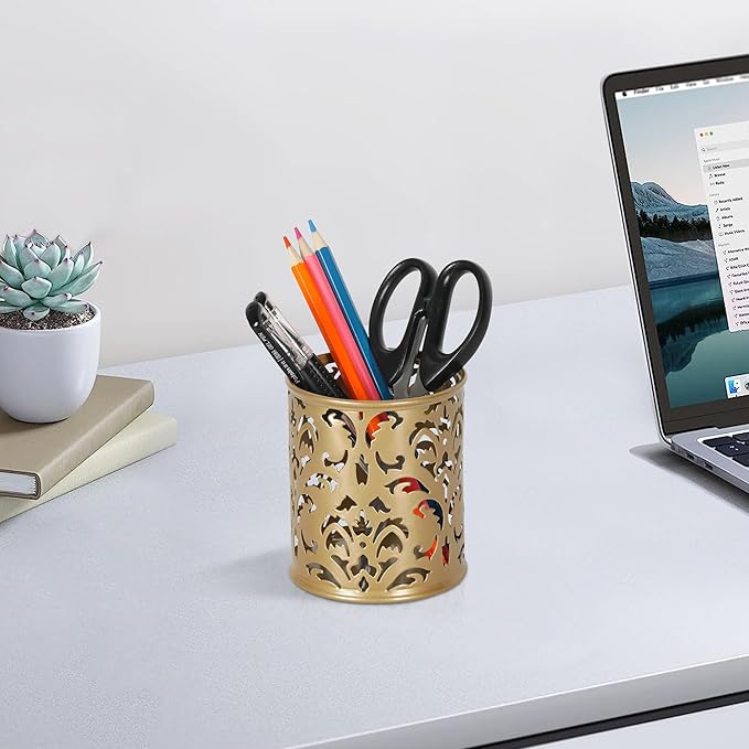 EasyPAG Gold Pen Holder for Desk, 2 Pack Round Pen Organizer, Brush Holder for Vanity, Metal Pencil Cup Organizer for Home, Office, Classroom, School