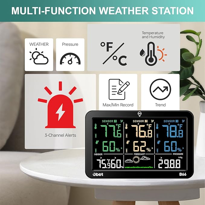 OBET Weather Station Wireless Indoor Outdoor Thermometer Wireless, Color Display Digital Temperature and Humidity Monitor with 3 Sensors, Alerts, Adjustable Backlight, USB Port (500 Feet)