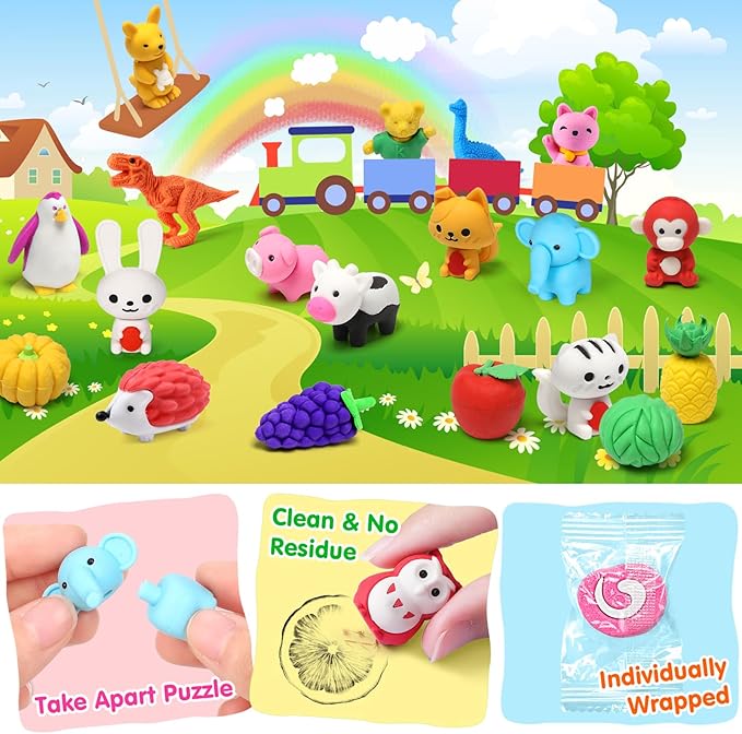 Palmatte 40PCS Mini Animal Erasers Kids Prizes Treasure Box Toys Classroom Rewards Desk Pets Pencil Erasers Bulk Cute School Supplies Kids Party Favors Goodie Bag Stocking Stuffers Easter Egg Fillers
