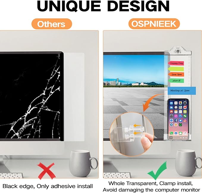 Monitor Memo Boards for Computer, Whole Transparent 2 Pack (Left & Right) Multifunction Acrylic Screen Message Reminder Pad Side Panel Phone Holder Organizer for Office Desktop, with Pen & Sticky Note