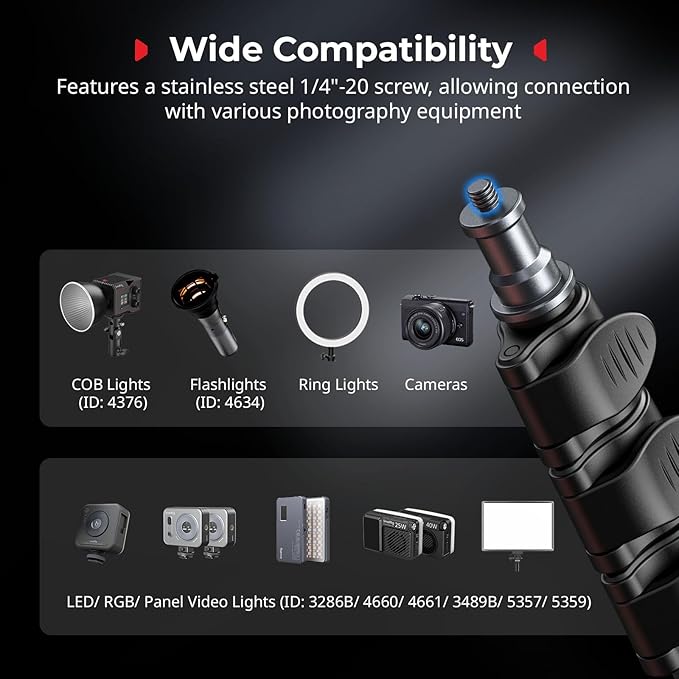 SMALLRIG 74.8"/ 6.23 ft Adjustable Light Stand Photography, Max Load 8.8 lb, Compact Lighting Tripod Stand for Softbox, Flashlights, Ring Light, LED Video Lights, COB Light, Folded Size 16.5" - 5475